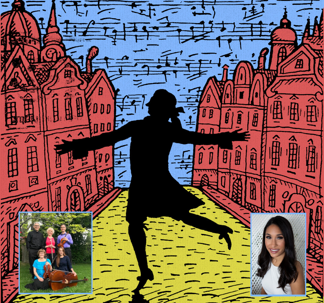 members of the heritage quintet overlayed with a graphic of mozart dancing in the streets